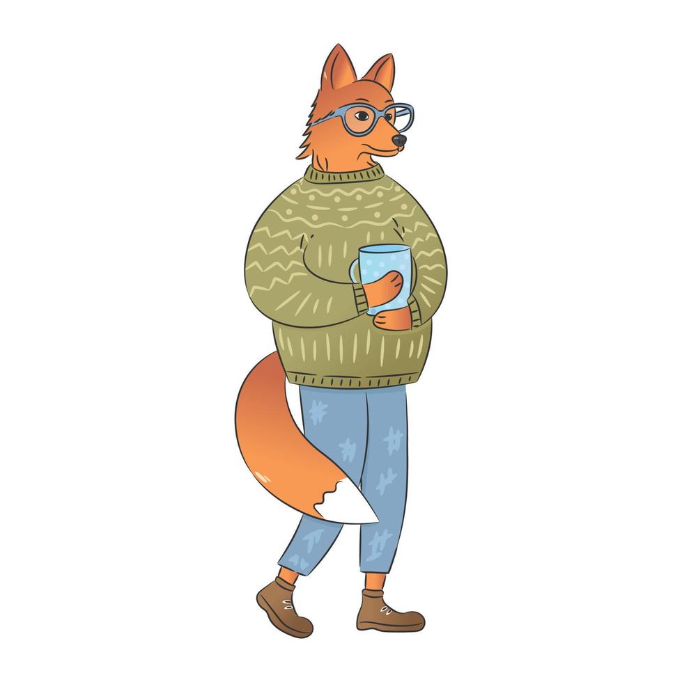 an anthropomorphic fox with a cup of coffee vector