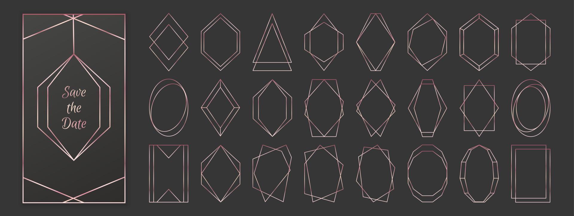 Rose gold polygonal frames collection isolated on dark grey background. vector