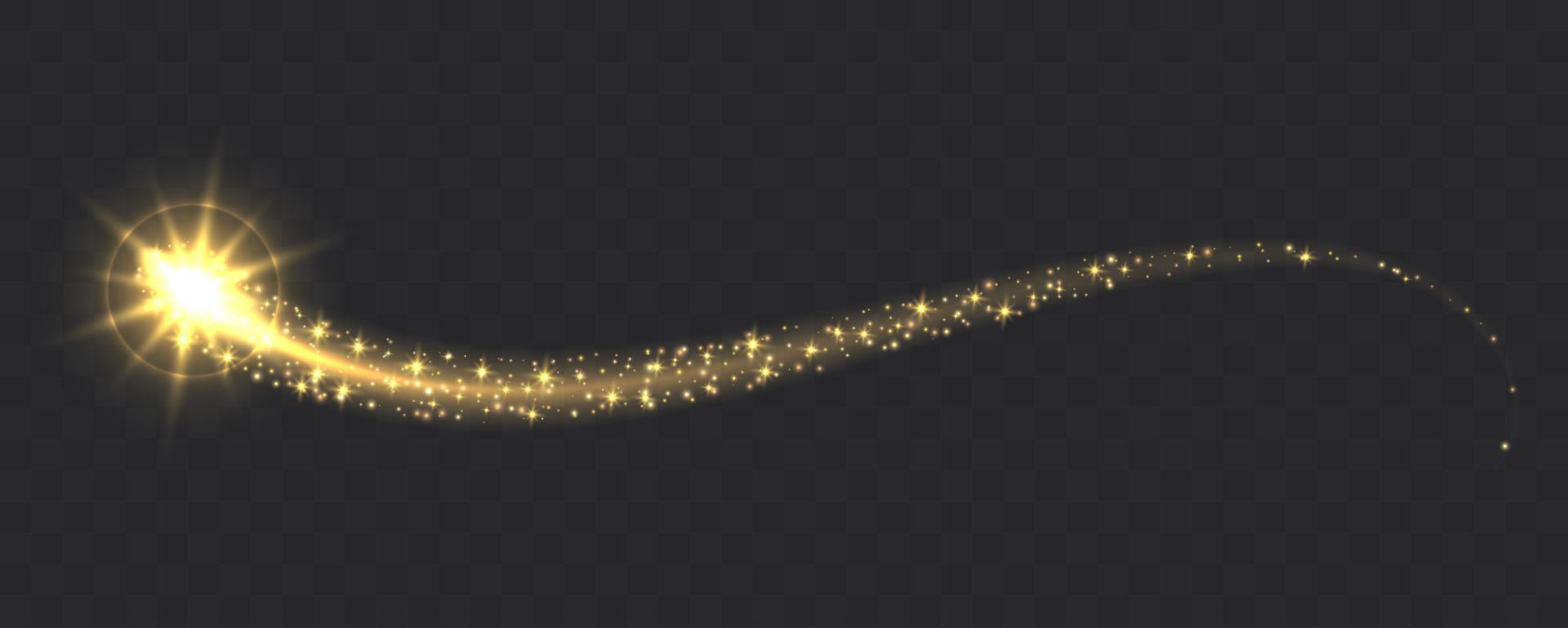 Glowing magic swirl, golden light trail effect with sparkles. vector