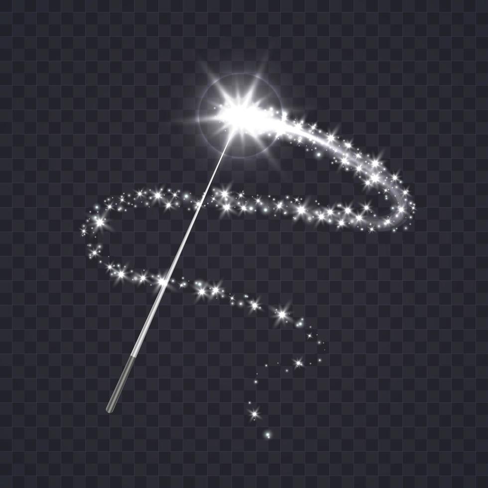 Magic wand with white swirl and sparkles isolated on transparent background. vector