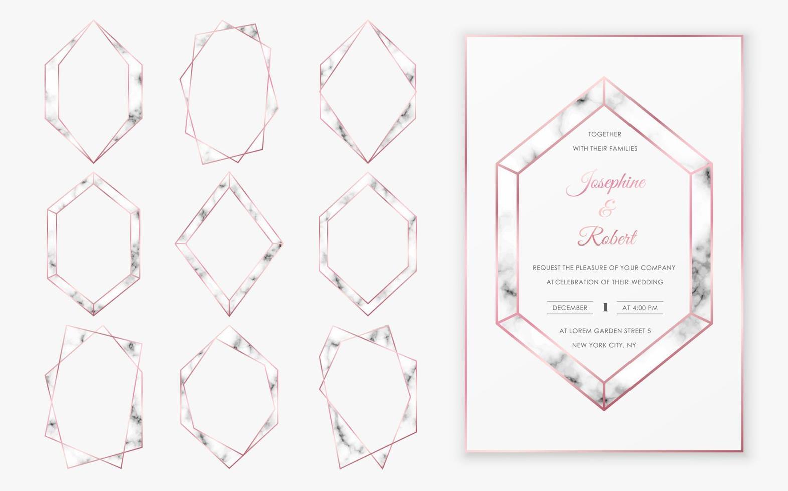 Rose gold polygonal crystal frames with trendy marble texture. vector