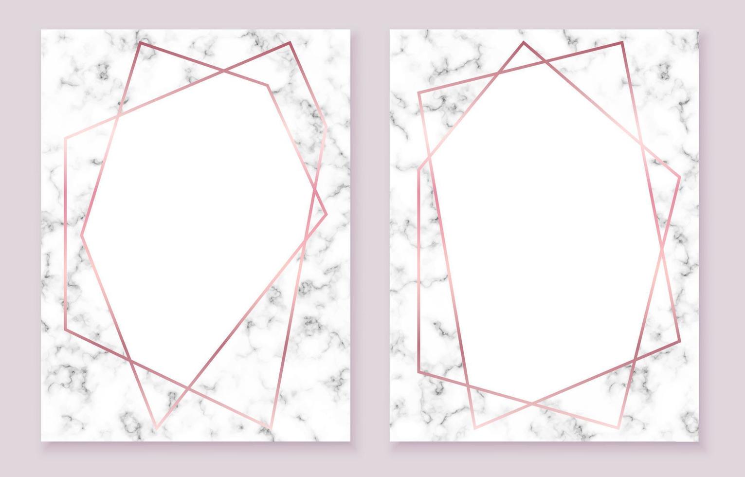 White marble posters with rose gold polygonal frames isolated on grey background. vector