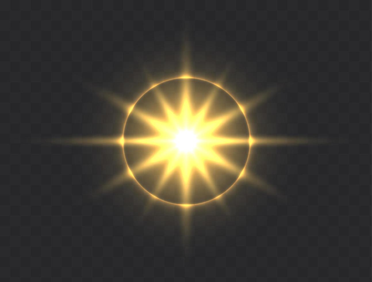 Shining sun flare isolated on dark transparent background. vector