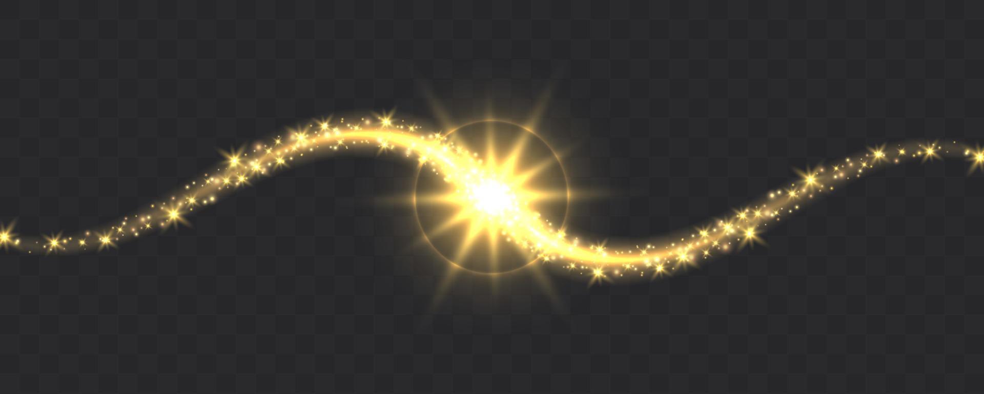 Glowing magic swirl, golden light trail effect with sparkles. vector