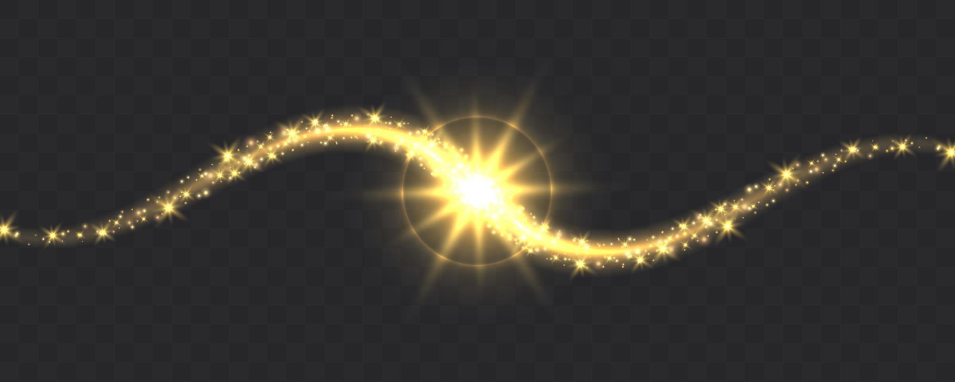 Glowing magic swirl, golden light trail effect with sparkles. vector