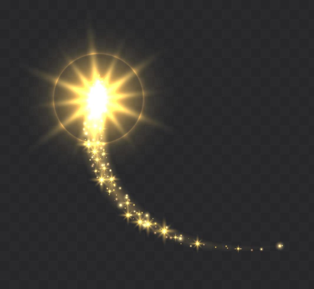 Glowing magic swirl, golden light trail effect with sparkles. vector