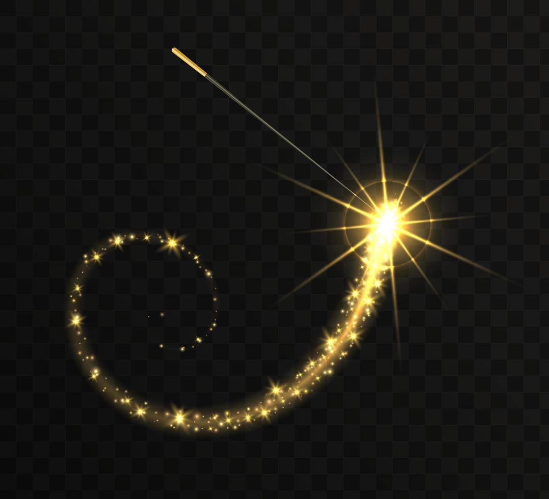 Magic wand with golden swirl and sparkles isolated on transparent background. vector