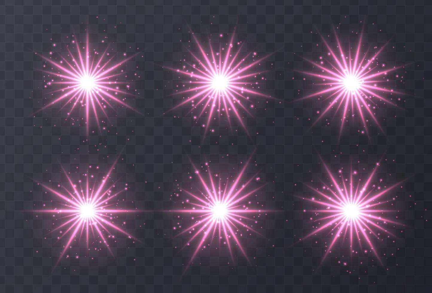 bengalas de luz conjunto aislado sobre fondo transparente. bengalas de lente rosa, bokeh, destellos, colección de estrellas brillantes. vector