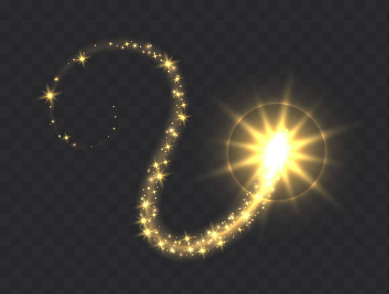 Glowing magic swirl, golden light trail effect with sparkles. vector