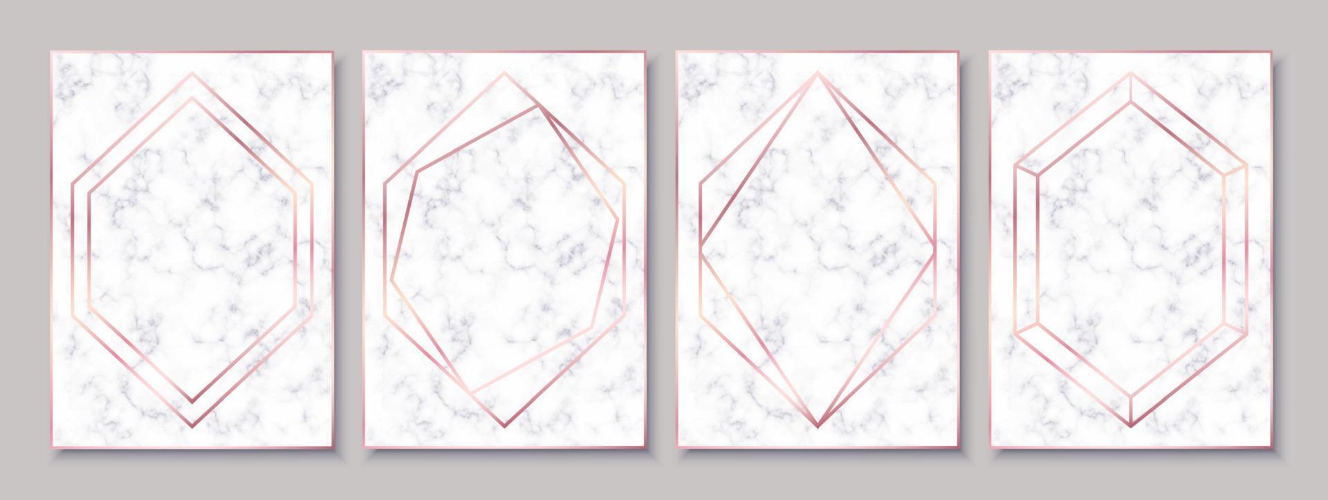 White marble posters with rose gold polygonal frames isolated on grey background. vector
