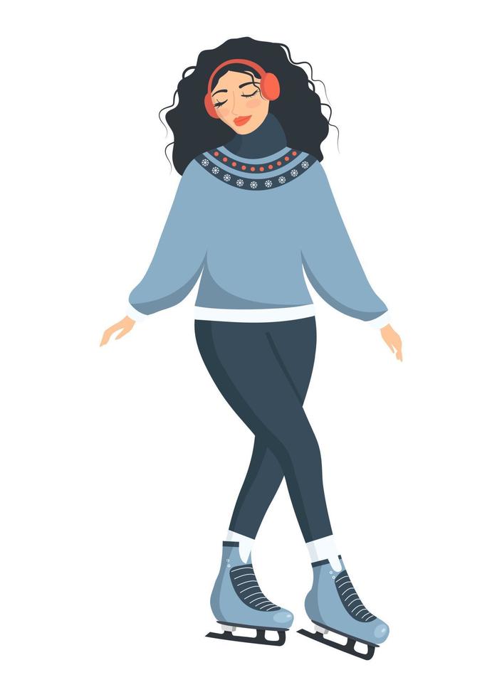 mujer joven con ropa de invierno y patines de hielo vector