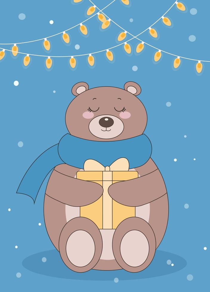 tarjeta de felicitación navideña con lindo oso polar y luces navideñas. plantilla de tarjeta vector