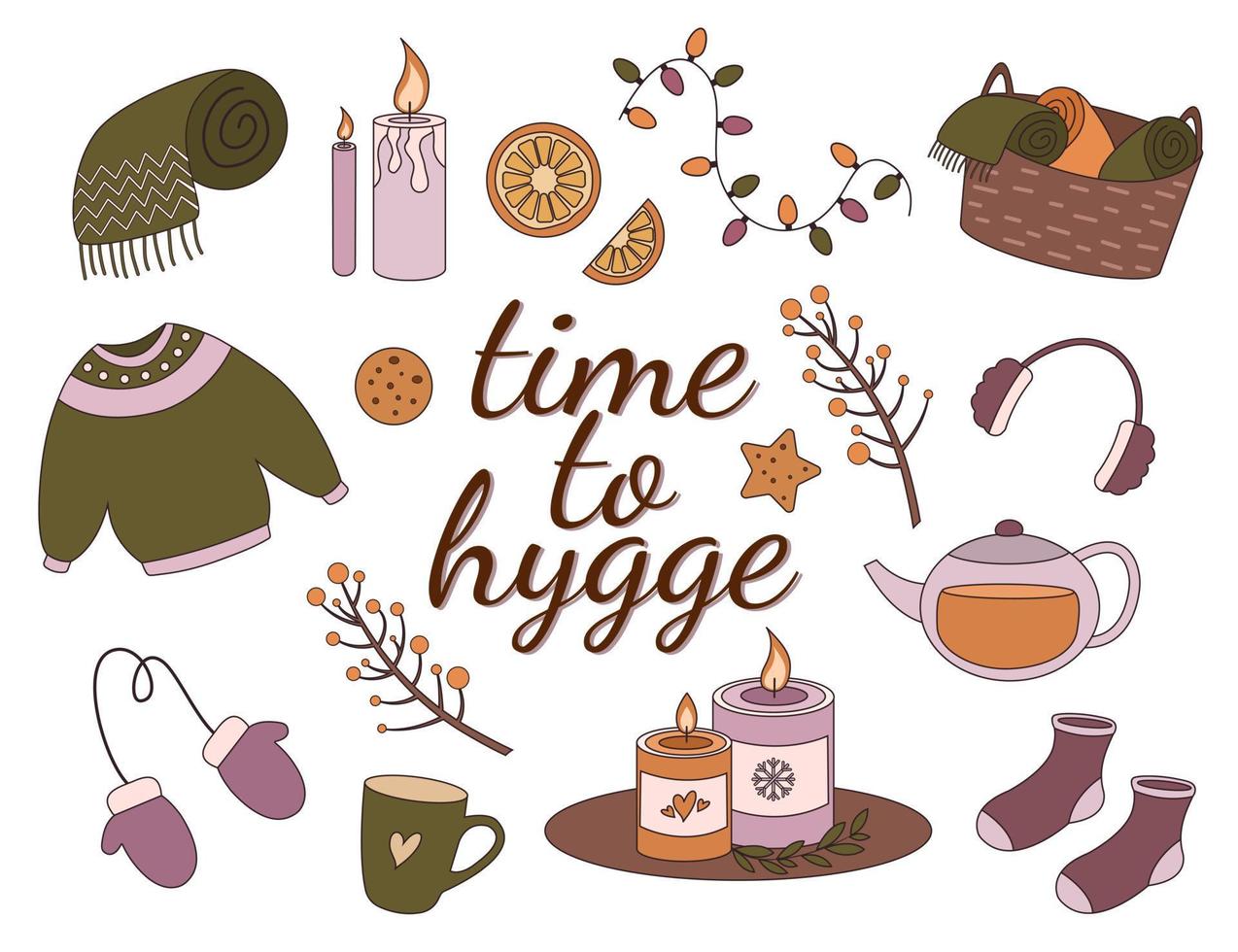 Time to hygge. Cozy home element collection. vector