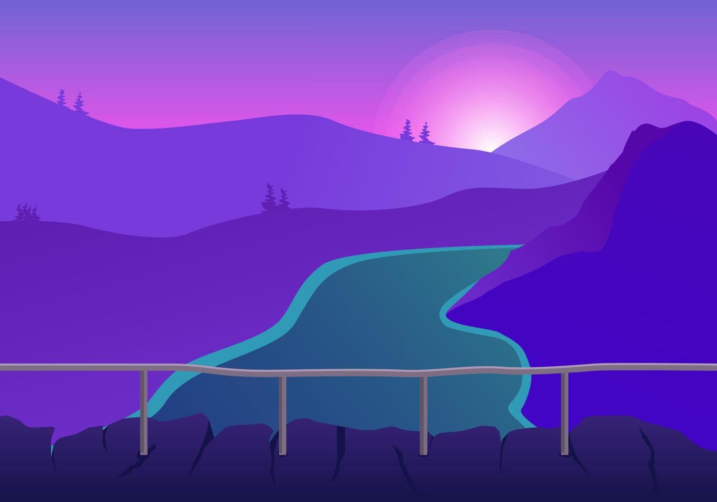 ilustración de paisajes de montaña, río del valle, camping al aire libre vector