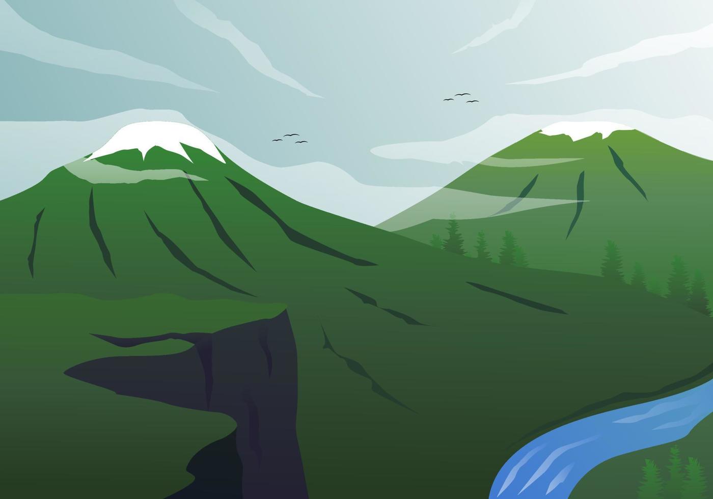 Hand drawn flat design mountain and river landscape vector