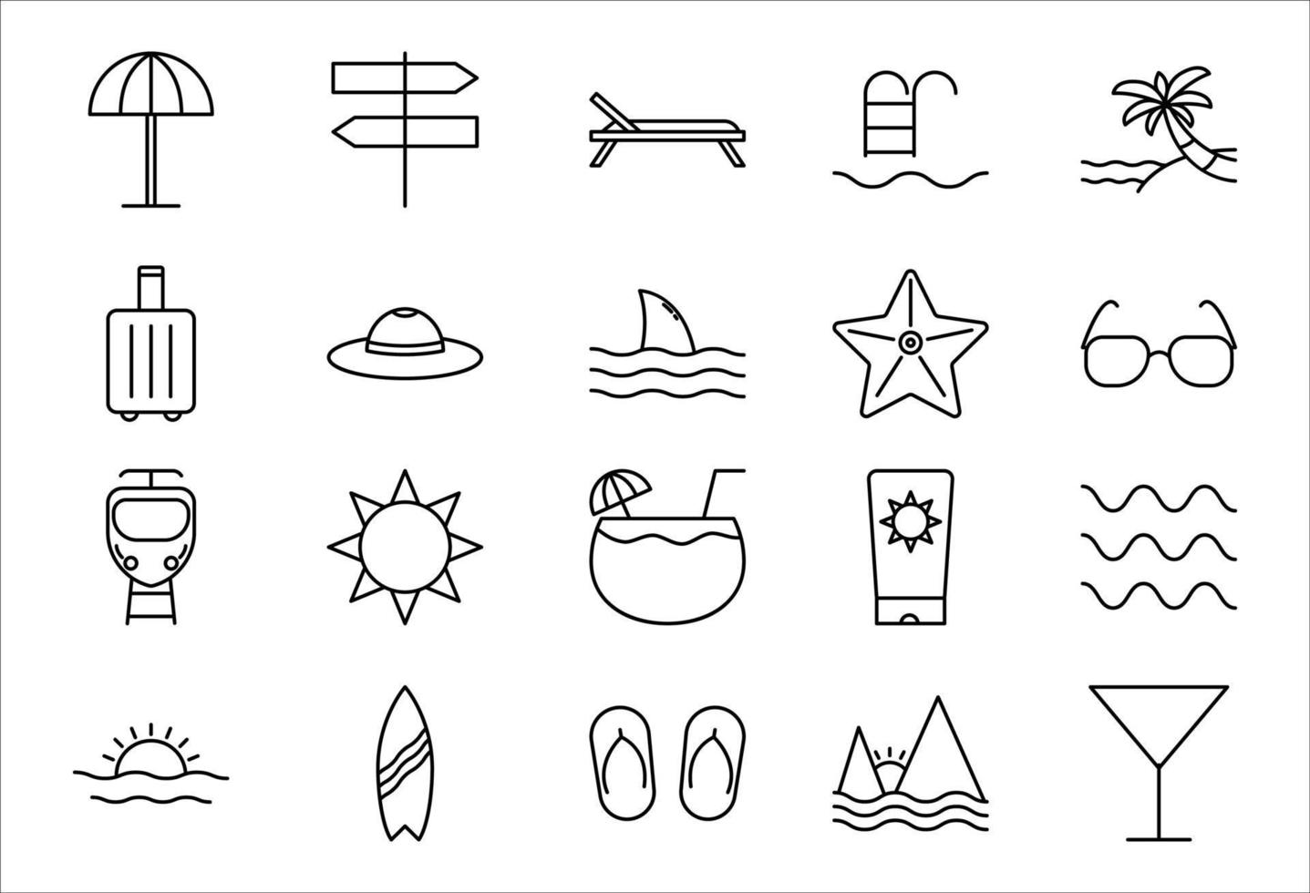 Holiday or vacation icons set. Concept of rest in exotic places and on the sea beach in flat style on white background. Vector illustration. EPS 10.