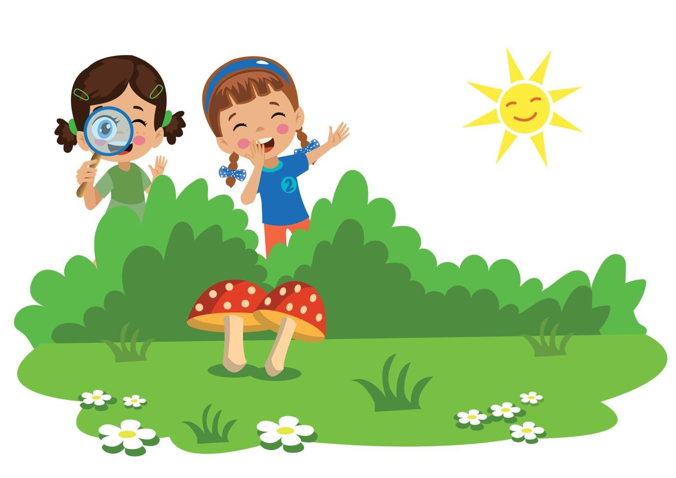 cute kids examining mushrooms vector