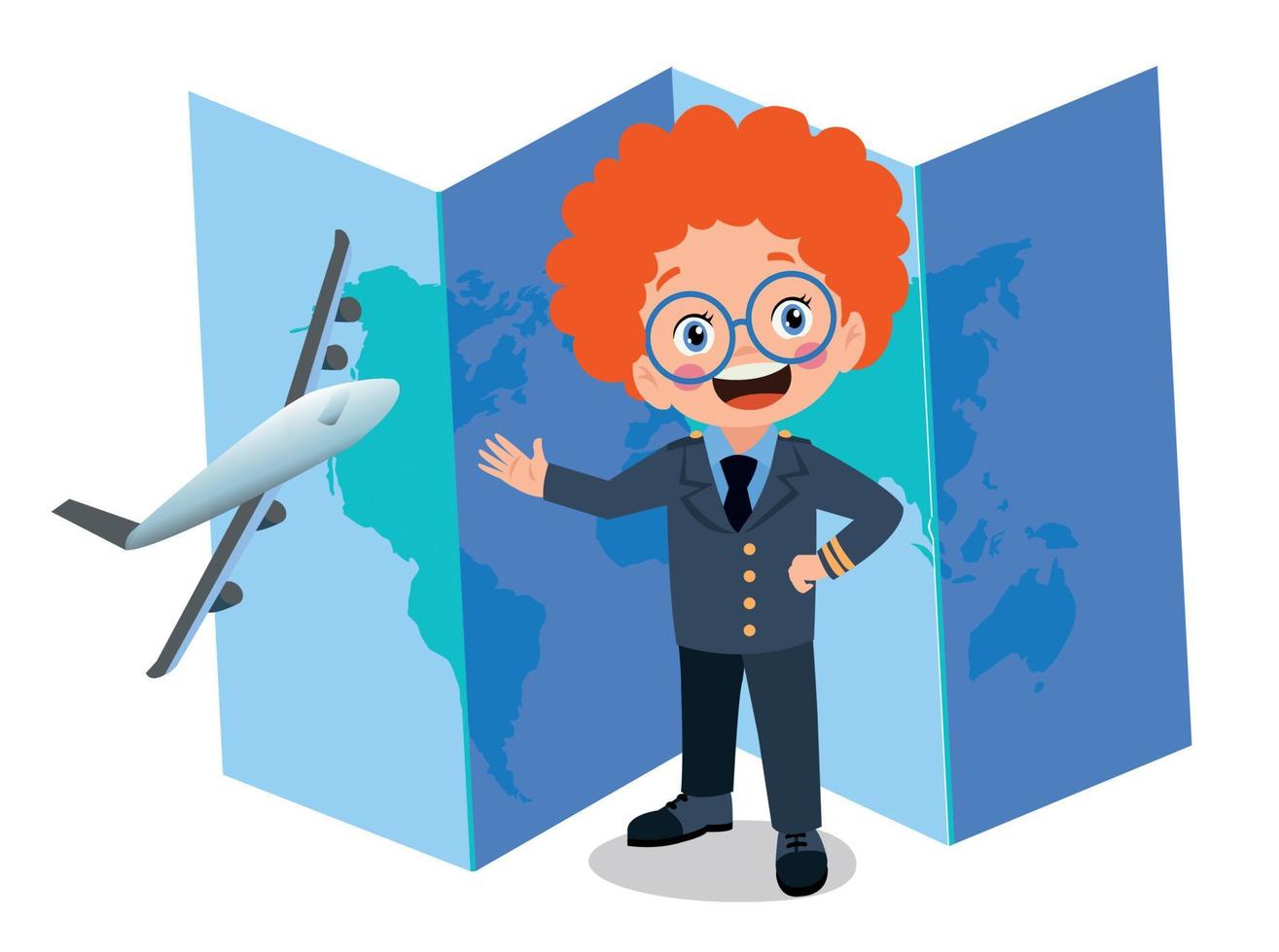 happy cute little kid boy wearing pilot uniform and world map vector