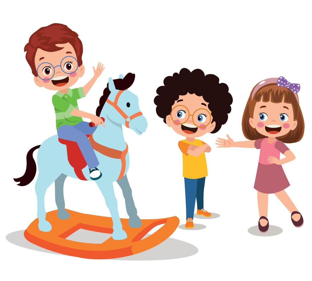 happy boy swinging on toy horse vector