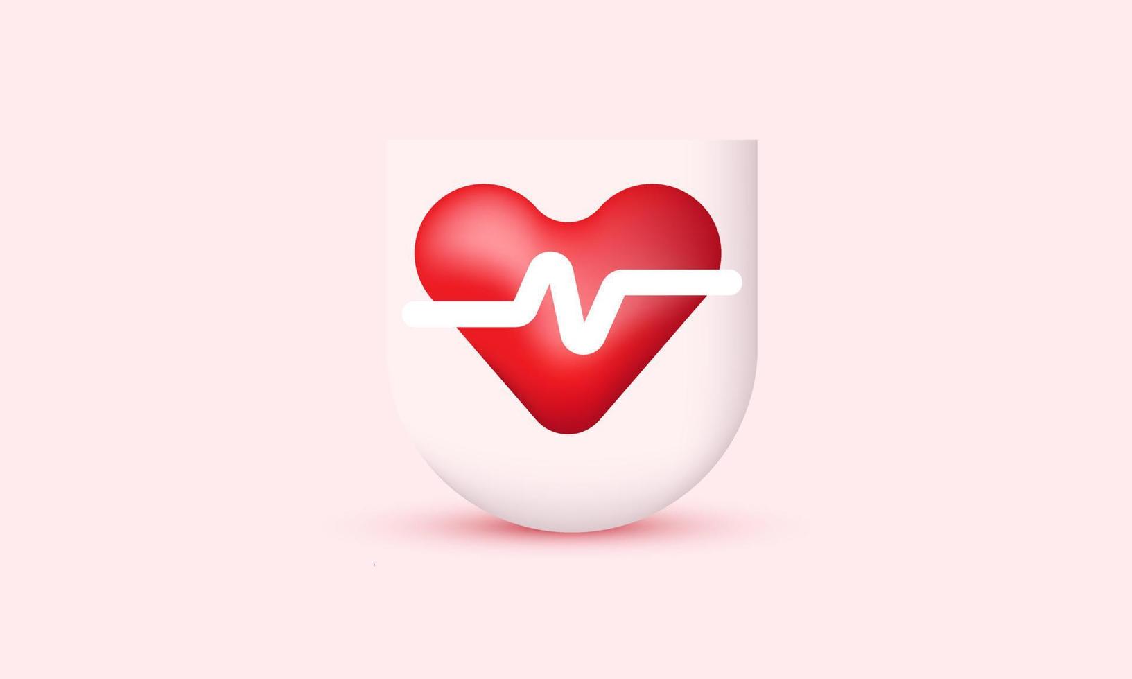 illustration icon 3d realistic shield red heart white pulse line isolated on background vector