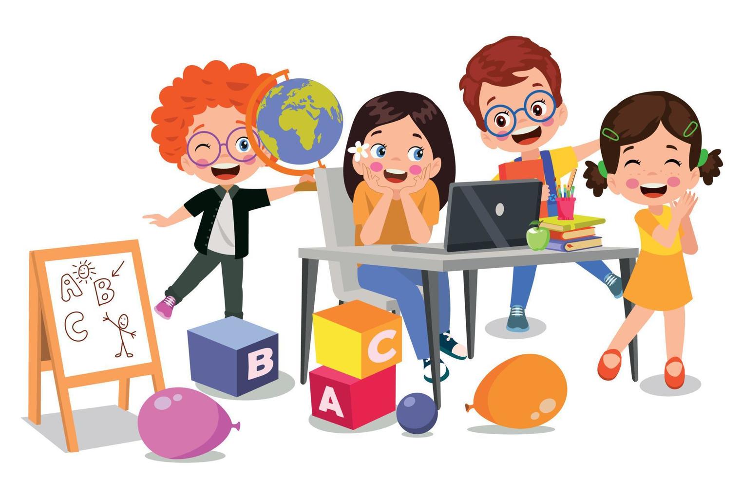 Vector Illustration Of Kids With Computer and with a friend