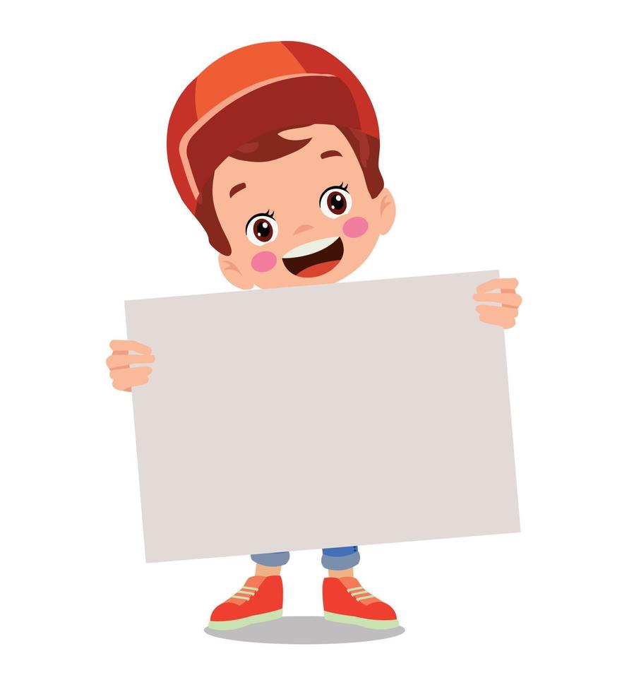 Kids holding banners. Vector boy and girl with empty banner, illustration cartoon school kid and board for text