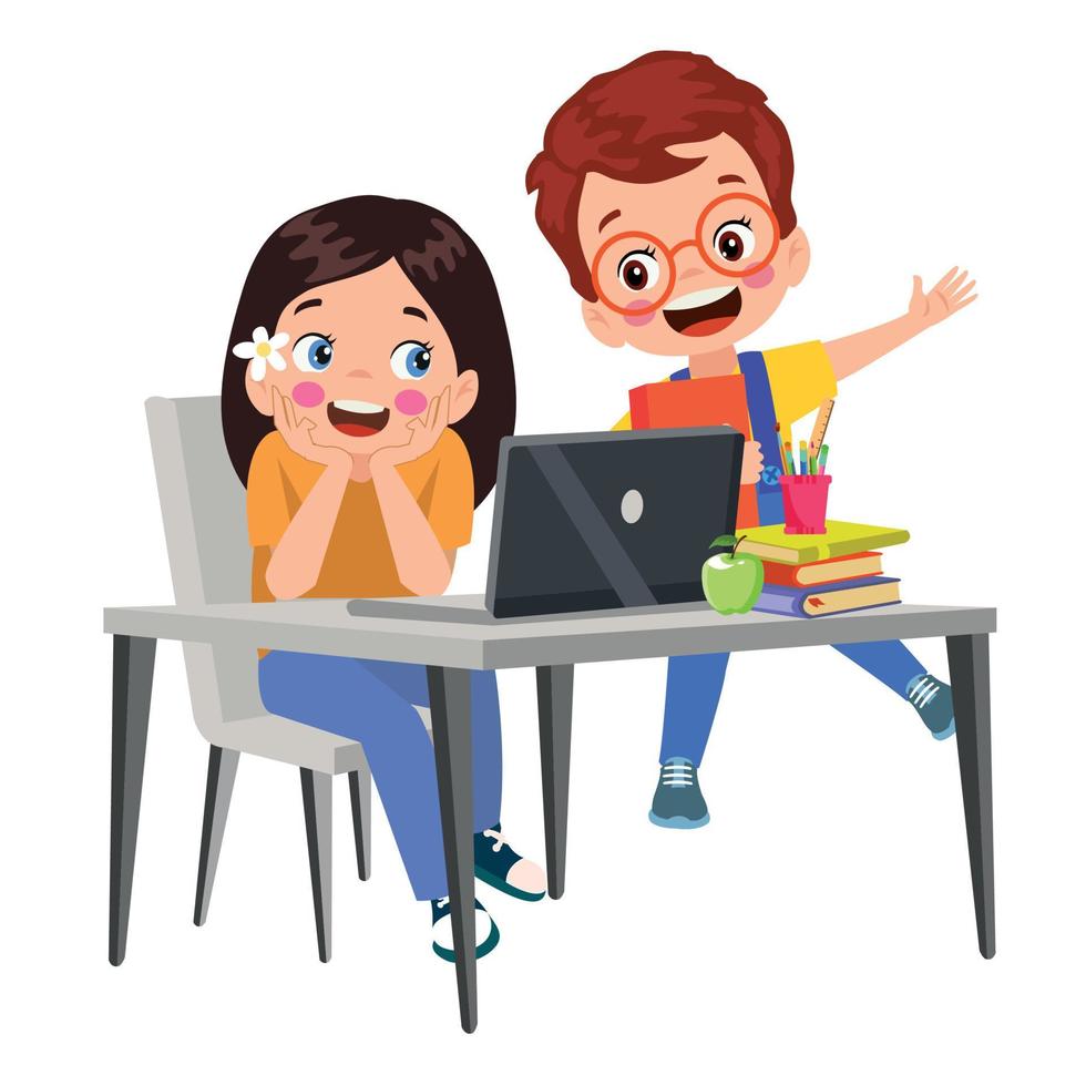 Vector Illustration Of Kids With Computer and with a friend