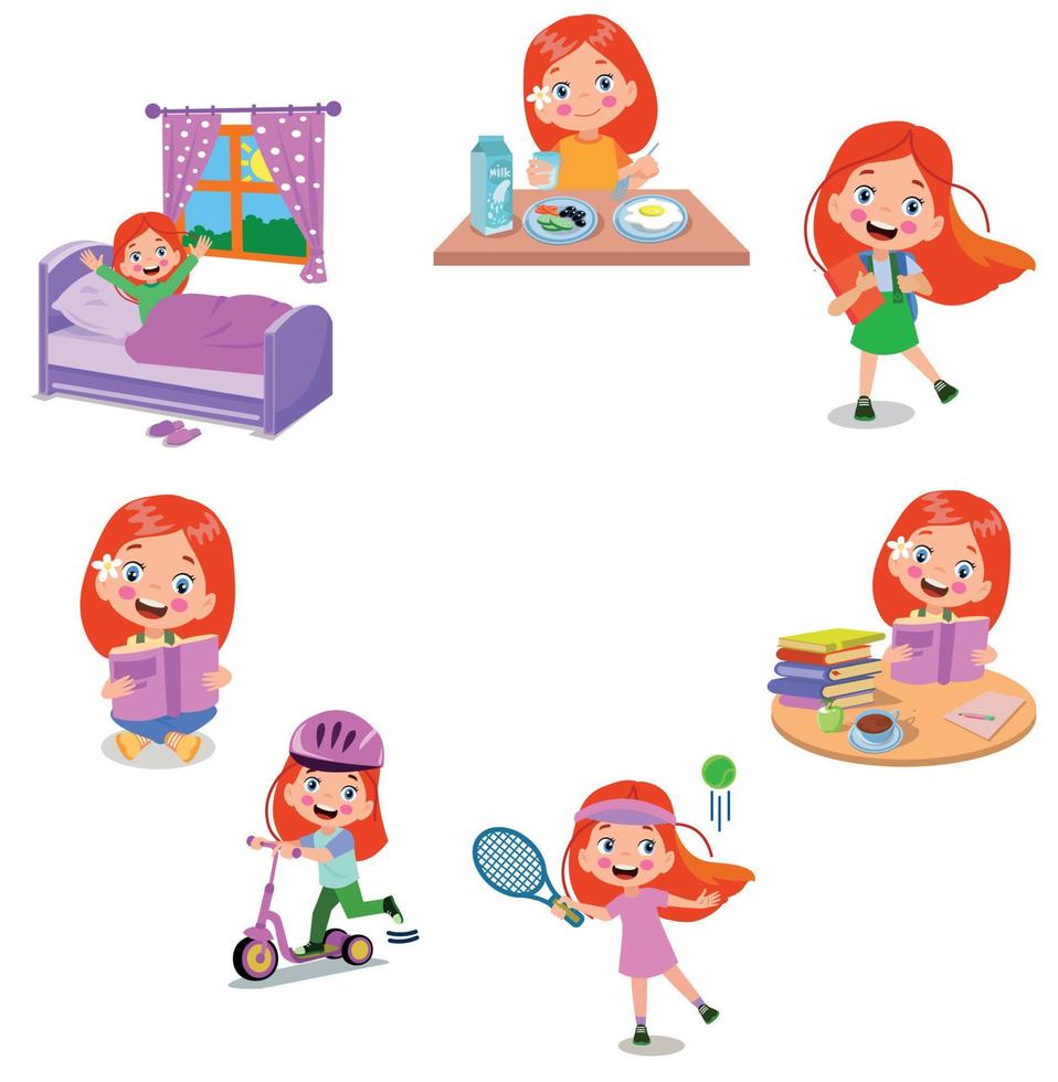 Cartoon kid daily routine activities set vector