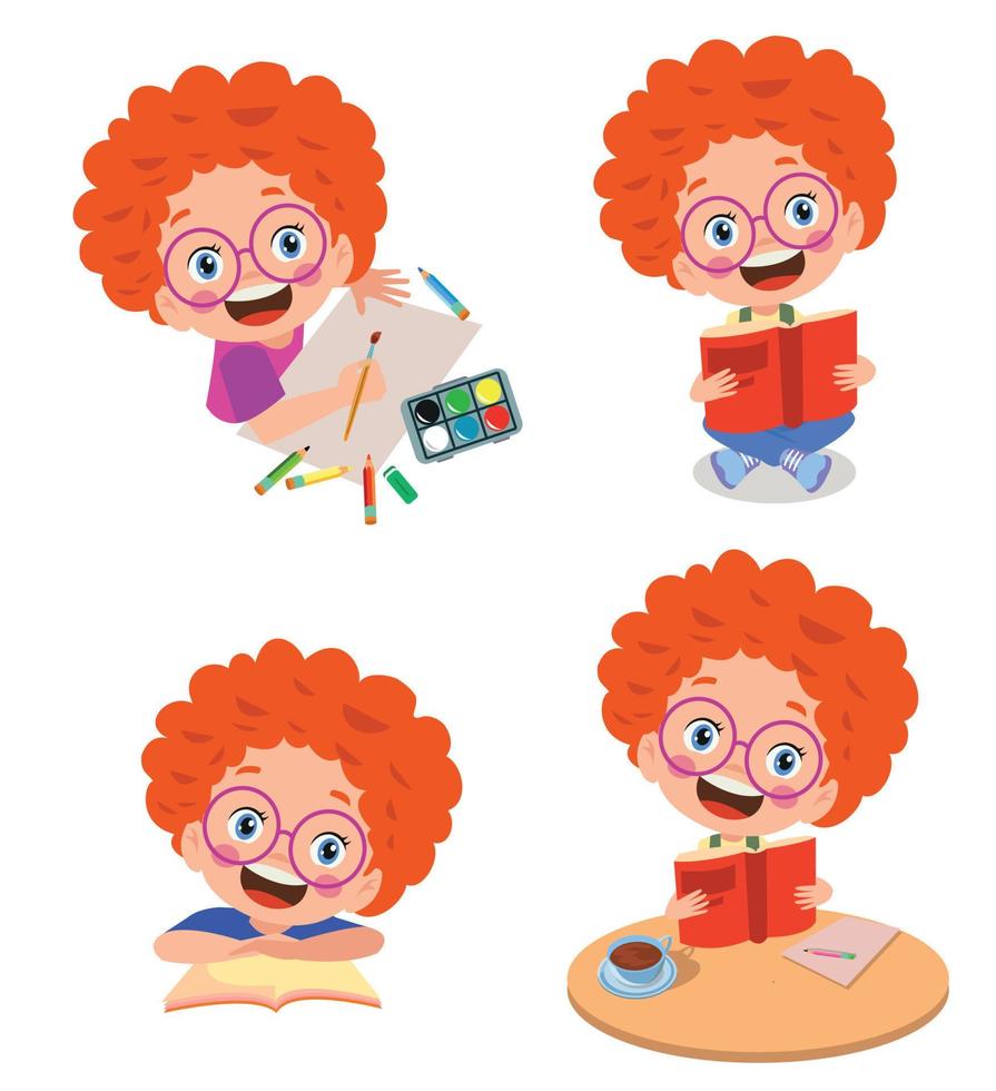 cute little hardworking boy reading a book and drawing a picture vector