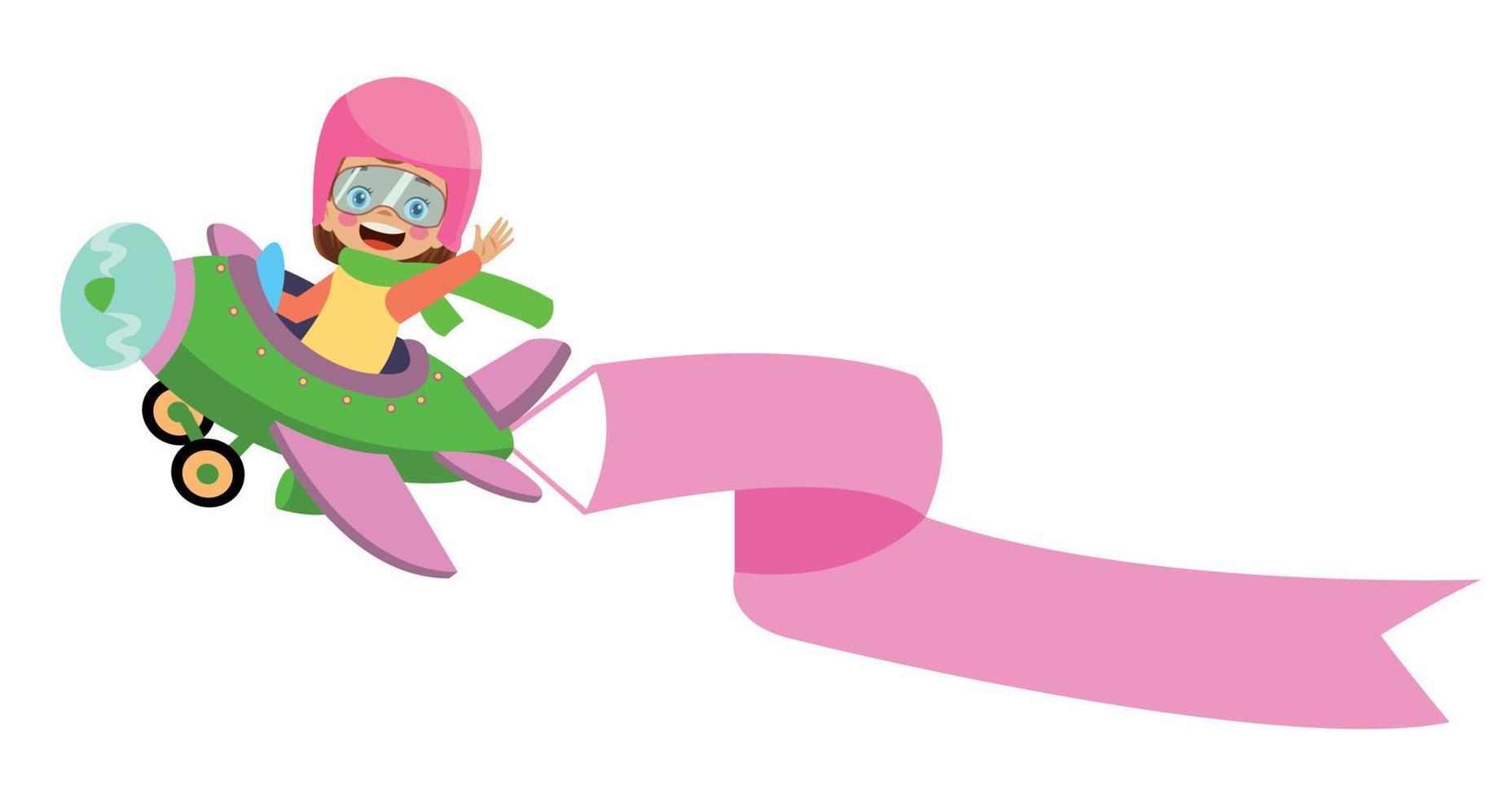 Little pilot kids on airplane with white and pink blank banner vector