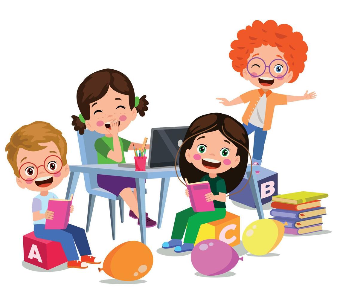 Vector Illustration Of Kids With Computer and with a friend