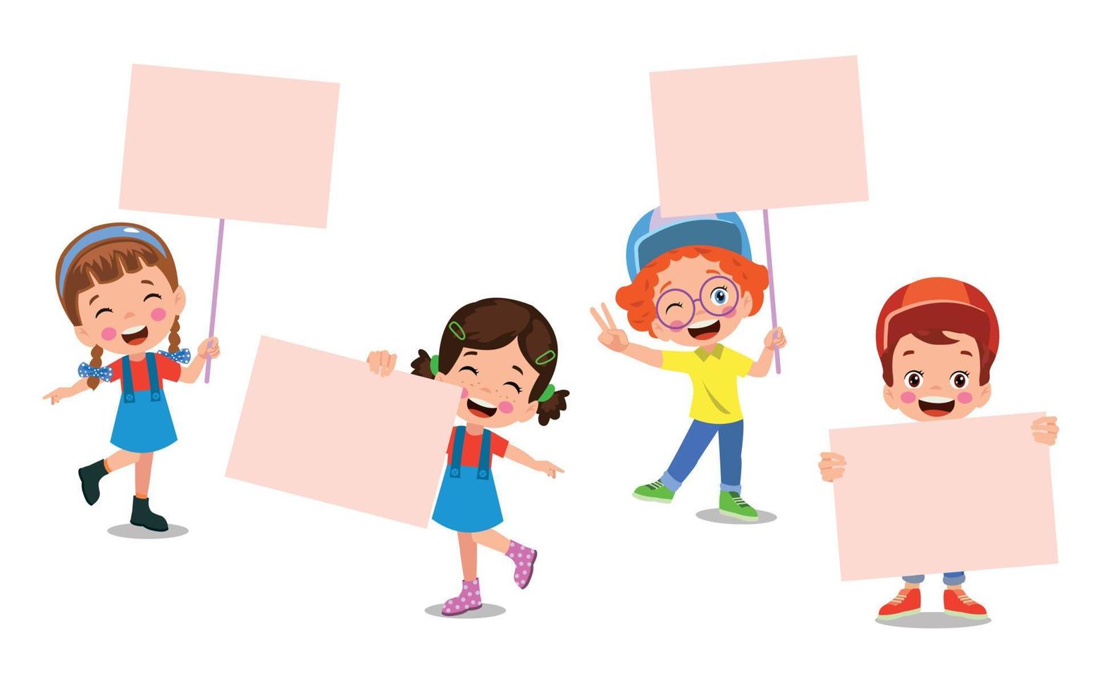 niños sosteniendo pancartas. niño y niña de vector con pancarta vacía, niño de escuela de dibujos animados de ilustración y tablero para texto