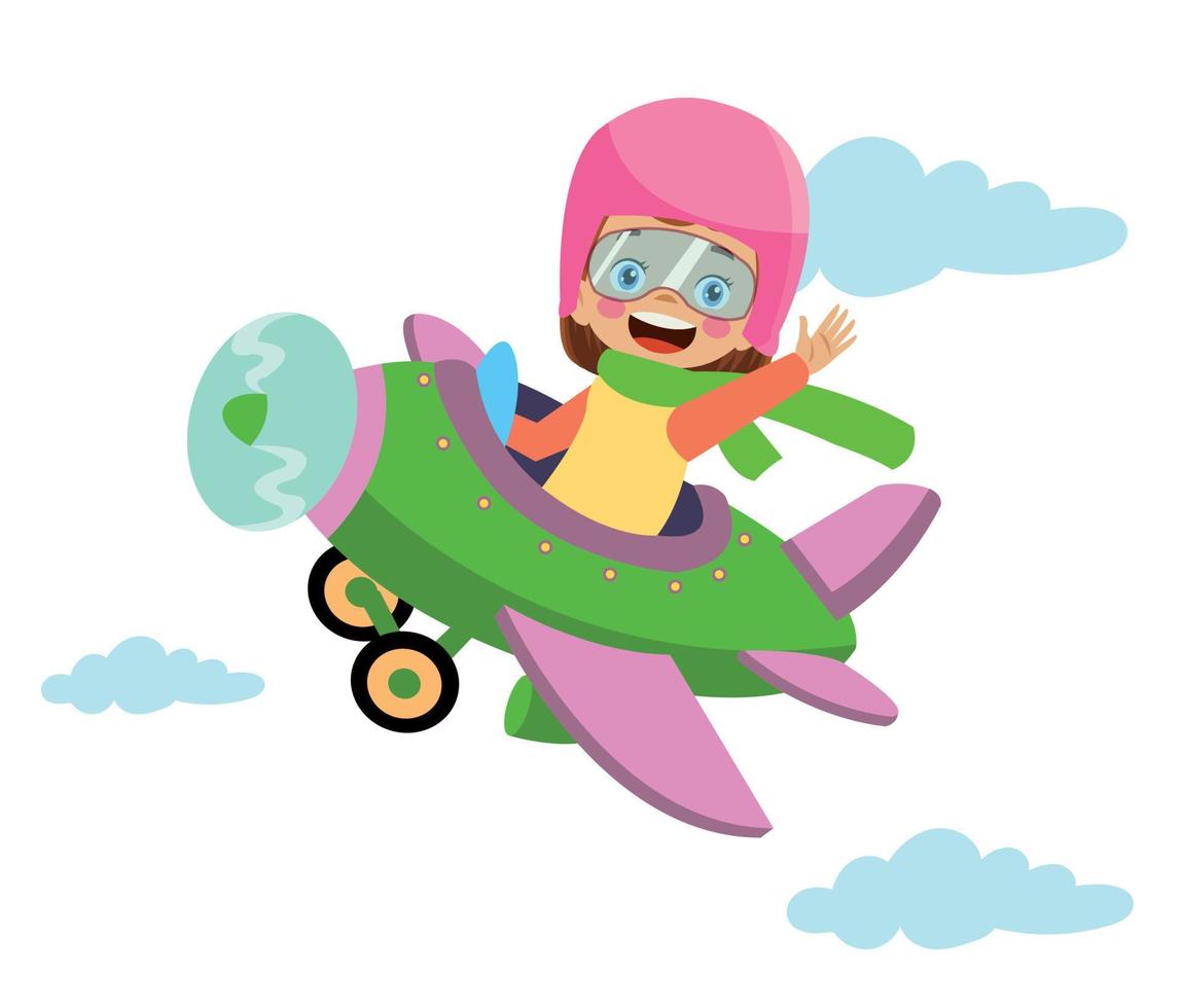niño feliz volando en avión vector
