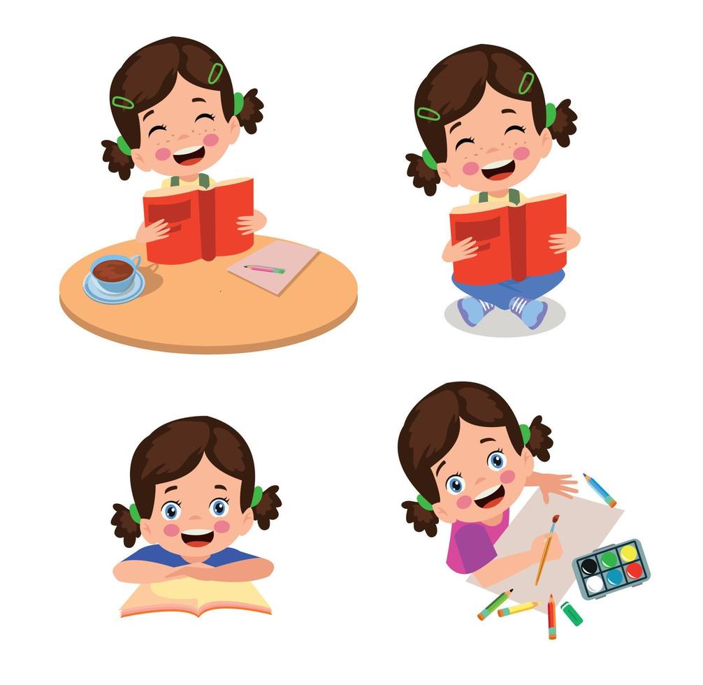 lindo niño trabajador leyendo un libro y haciendo un dibujo vector