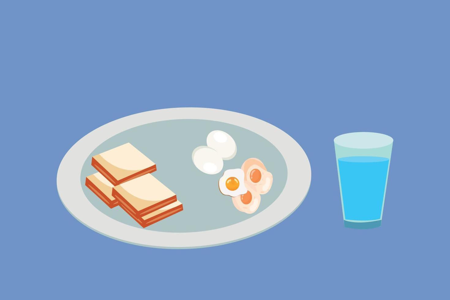 Flat vector isometric illustration of plate with slice of bread and egg, Full glas vector.