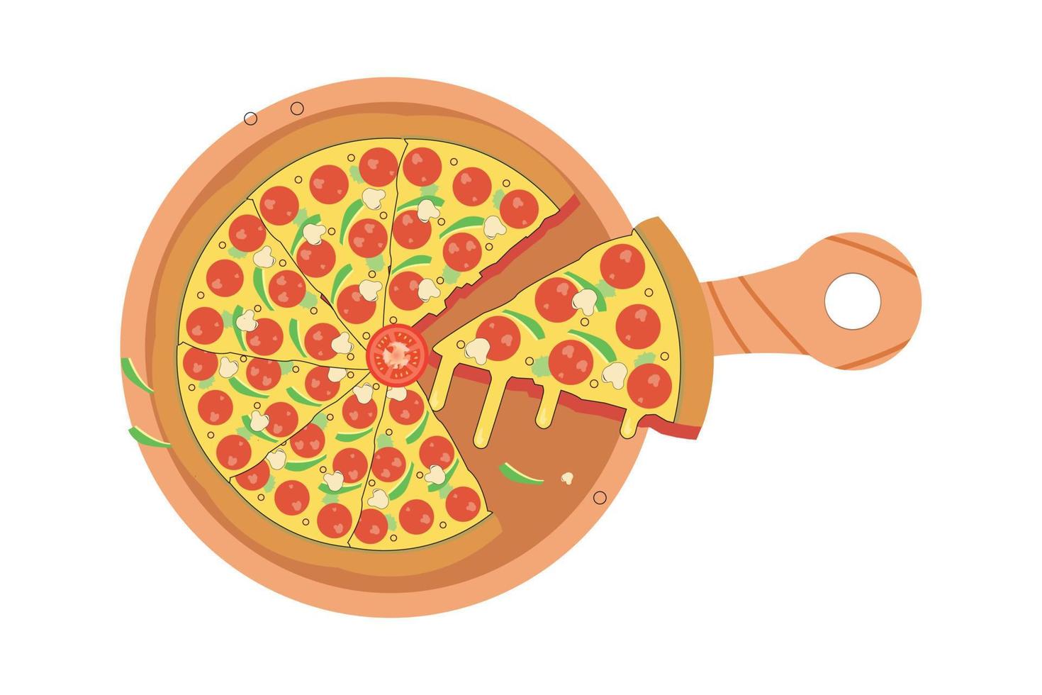 pizza con rebanadas en diseño de tablero culinario vector