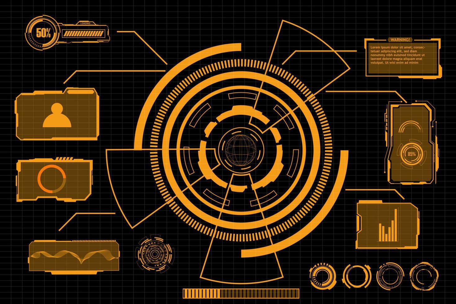 digital interface HUD elements set pack. User Interface, frame screens. Callouts titles, FUI circle set, Loading bars. Dashboard reality technology screen. Vector