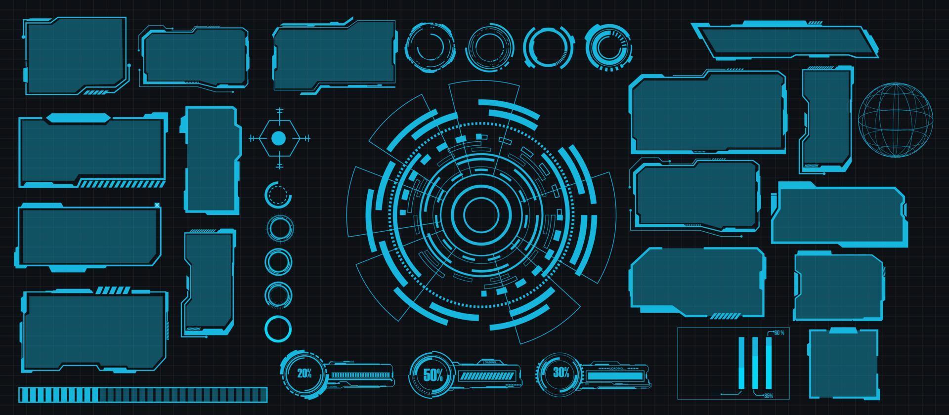 paquete de conjunto de elementos hud de interfaz digital. interfaz de usuario, pantallas de marco. títulos de llamadas, conjunto de círculos fui, barras de carga. pantalla de tecnología de realidad del tablero. vector