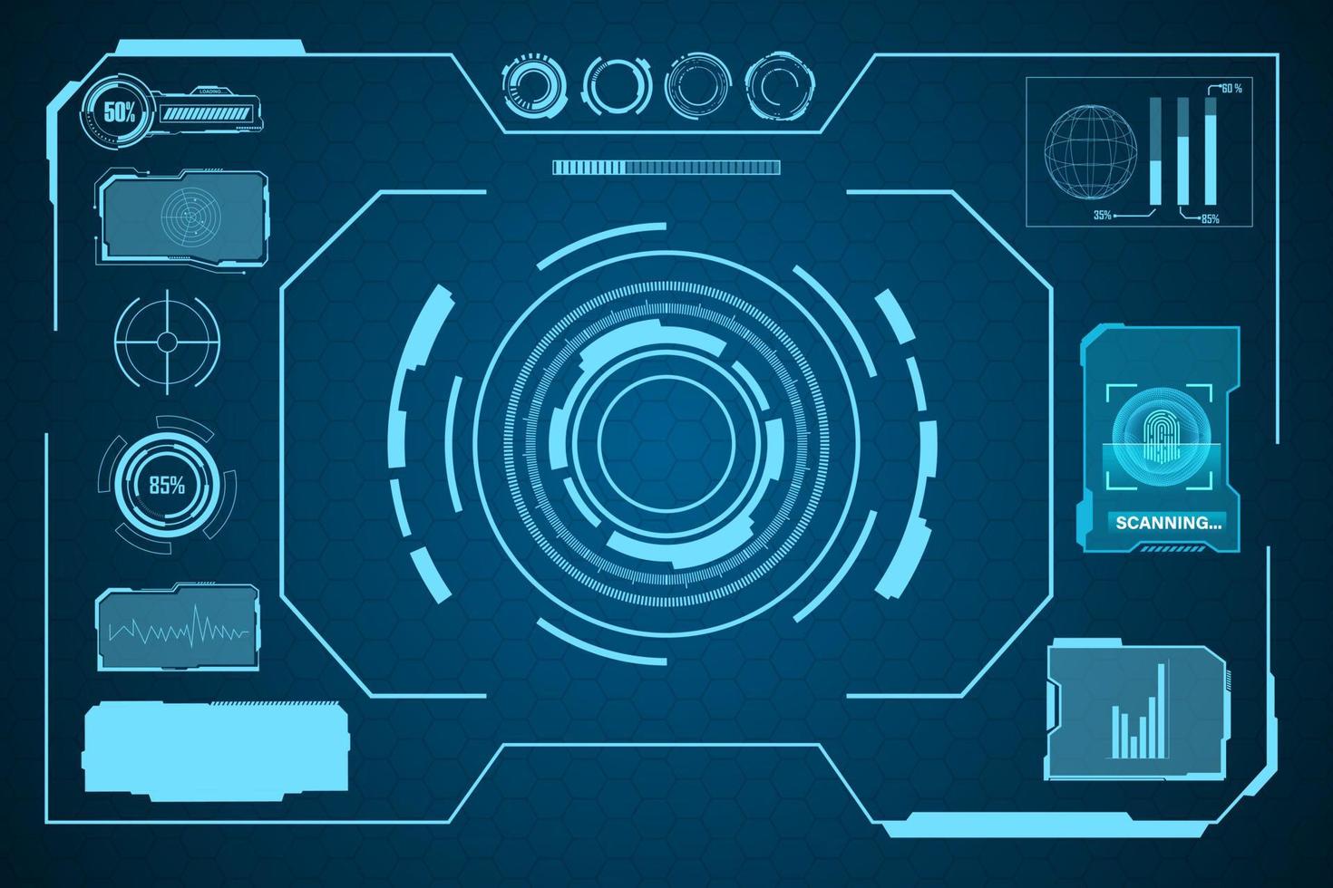 digital interface HUD elements set pack. User Interface, frame screens. Callouts titles, FUI circle set, Loading bars. Dashboard reality technology screen. Vector