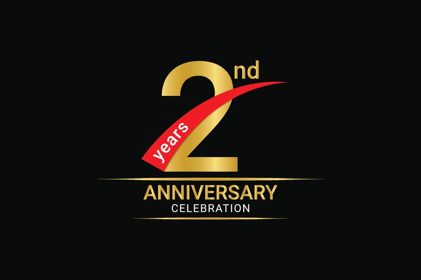 2nd year anniversary golden number and red ribbon with banner design. vector