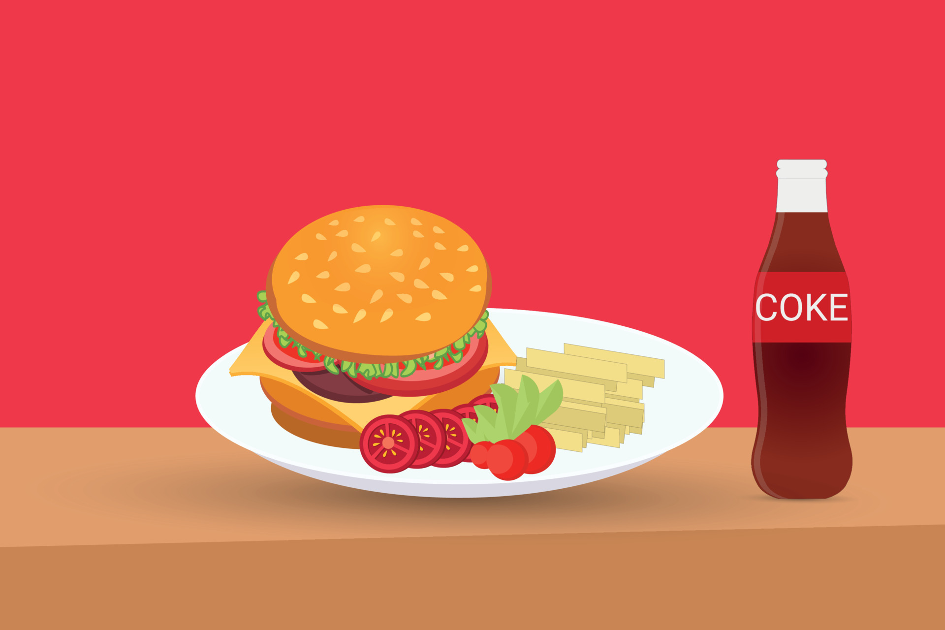 Fast food burger with chips and coke Red background vector illustration