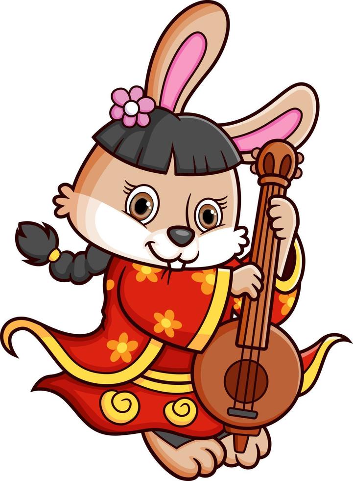 Rabbit wearing red clothes chinese traditional and playing chinese guitar vector