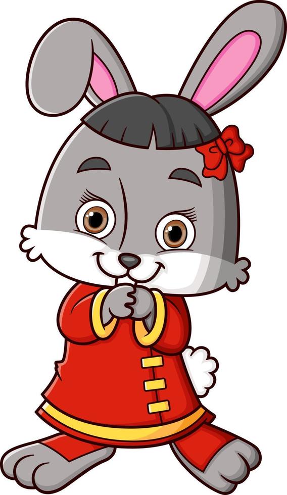 Cute rabbit wearing chinese traditional dress and standing, smiling, and holding hands vector