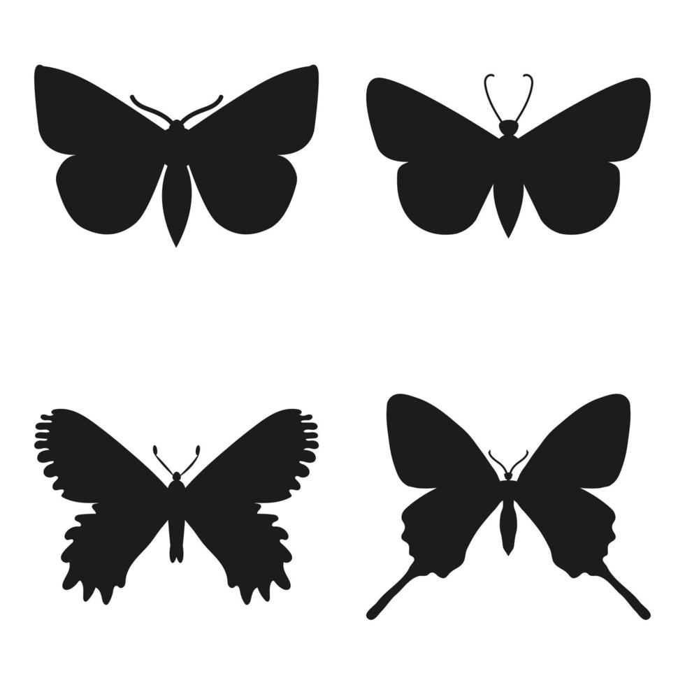 conjunto vectorial de mariposas en un fondo blanco, dibujando insectos decorativos, dibujo a mano de siluetas, vector aislado