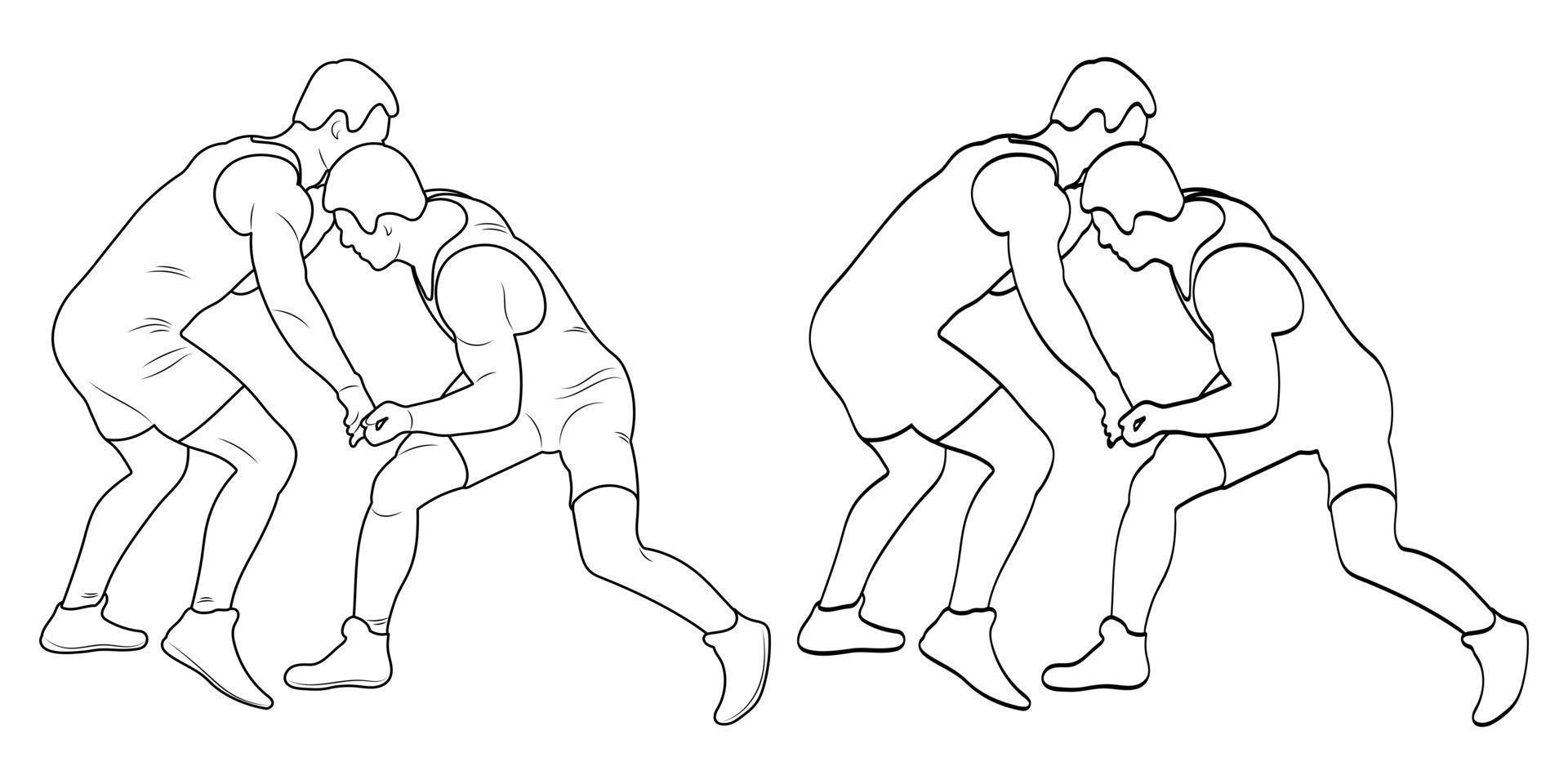 Silhouette outline athletes wrestlers in wrestling, duel, fight. Sketch line drawing greco roman, freestyle, classical wrestling. vector