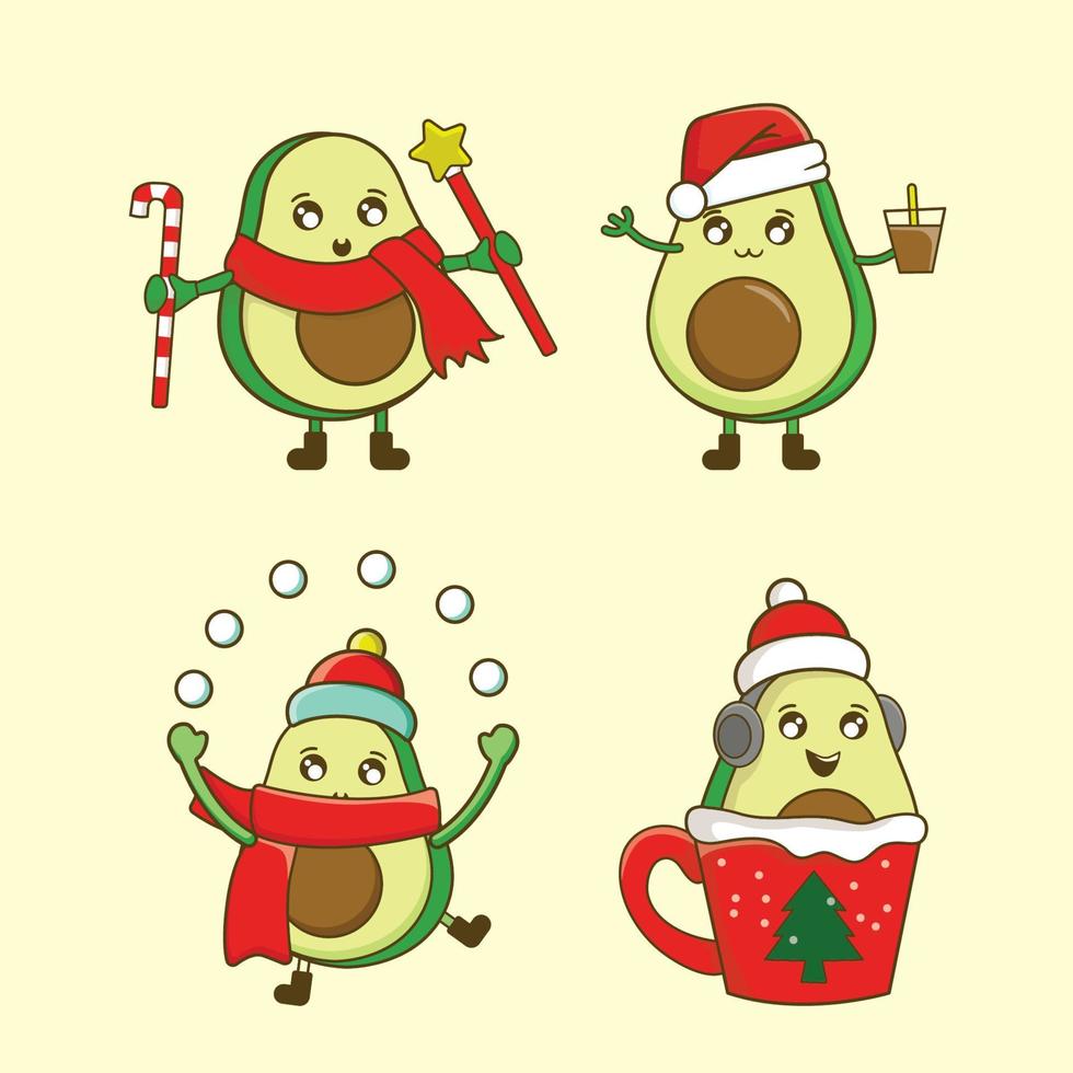 conjunto de divertido aguacate feliz navidad tarjeta de felicitación vector ilustración