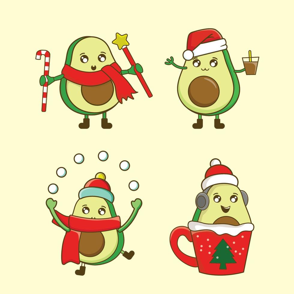 Set of funny avocado merry christmas greeting card vector illustration