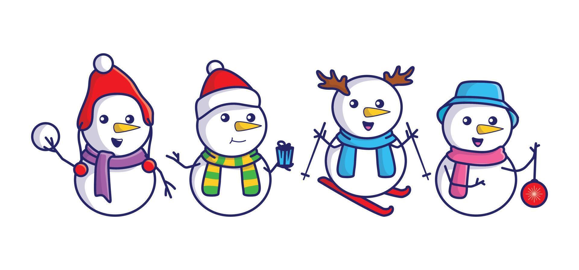 Set of Christmas snowman collection. Vector design for winter and christmas greeting card.