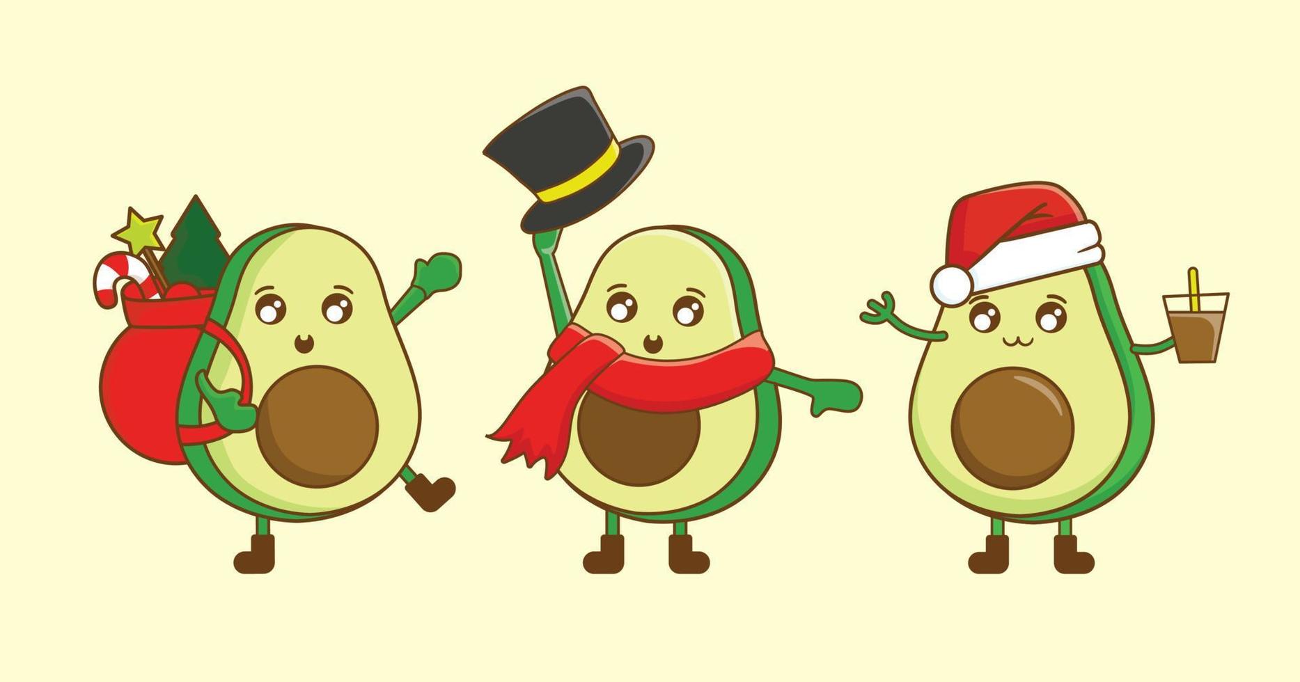 conjunto de divertido aguacate feliz navidad tarjeta de felicitación vector ilustración