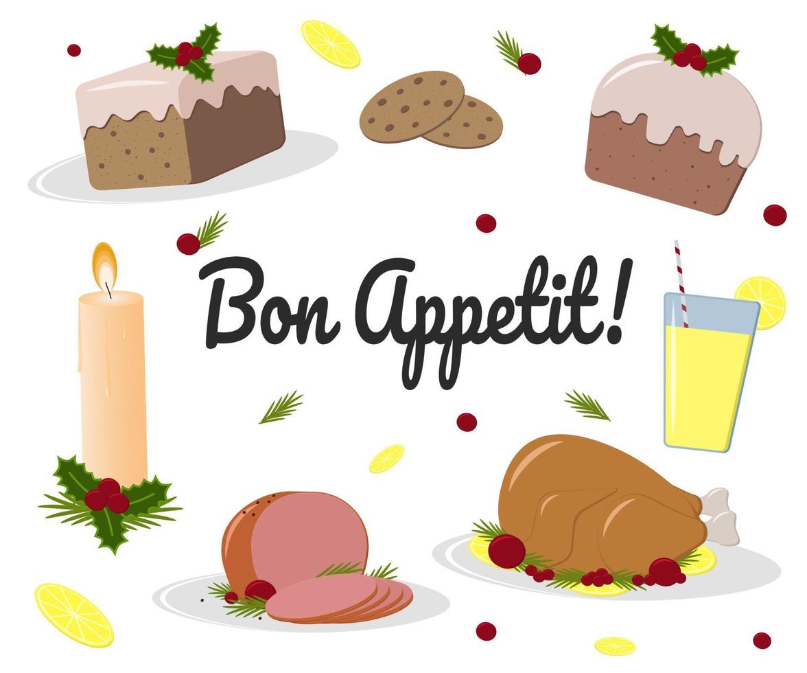 a postcard with different cooked hot dishes and desserts vector